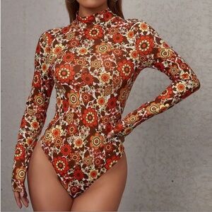 Floral Long Sleeve Bodysuit - Multicolor Gypsy Couture L NEW Boho Orange Brown